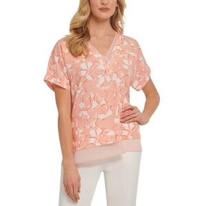 Dkny "NEW" Pastel Peach & White Lightweight Short Sleeve V-neck Blouse Size XL